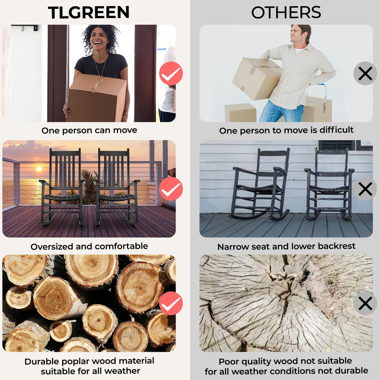 TLGREEN Outdoor Rocking Chair, Solid Wood Oversized Rocking Chair Outdoor with Wide Seat,All Weather Porch Patio Wooden Rocking Chair, Easy to Assemble for Indoor,Outdoor (Black) TLGREEN