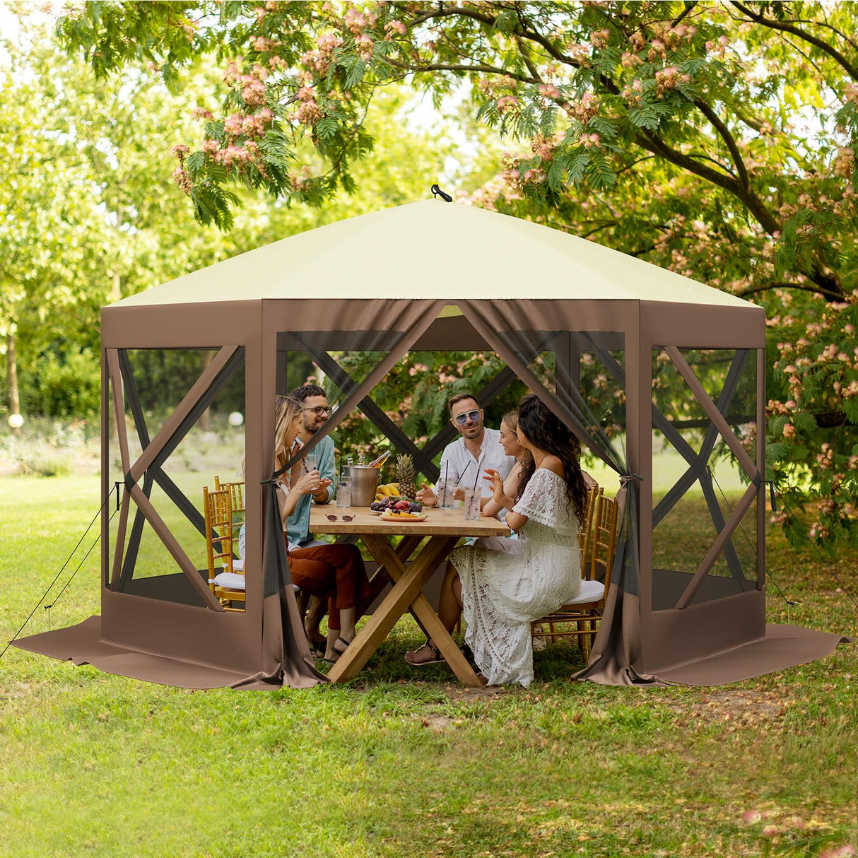 Hipicute Pop Up Gazebo,10 X 10 Ft Portable Outdoor Camping Pop Up Canopy Screen Tent with Mosquito Netting Gazebo,Waterproof 6 Sidewalls,Ground Stakes,Carry Bag for Lawn, Garden, Backyard(Brown) Hipicute