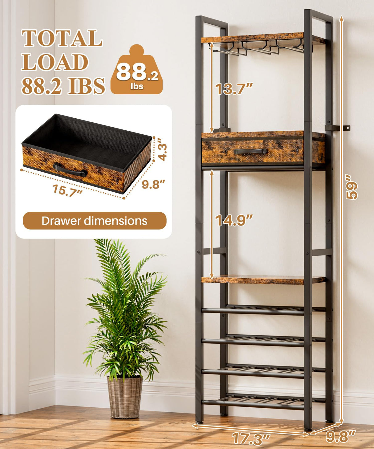 Vilaxing Wine Rack Freestanding Floor, Liquor Bar Cabinet with Storage Drawer, 4-Tier Bottle and 3-Row Glass Holder with Tabletop for Home Kitchen Living Room Vilaxing