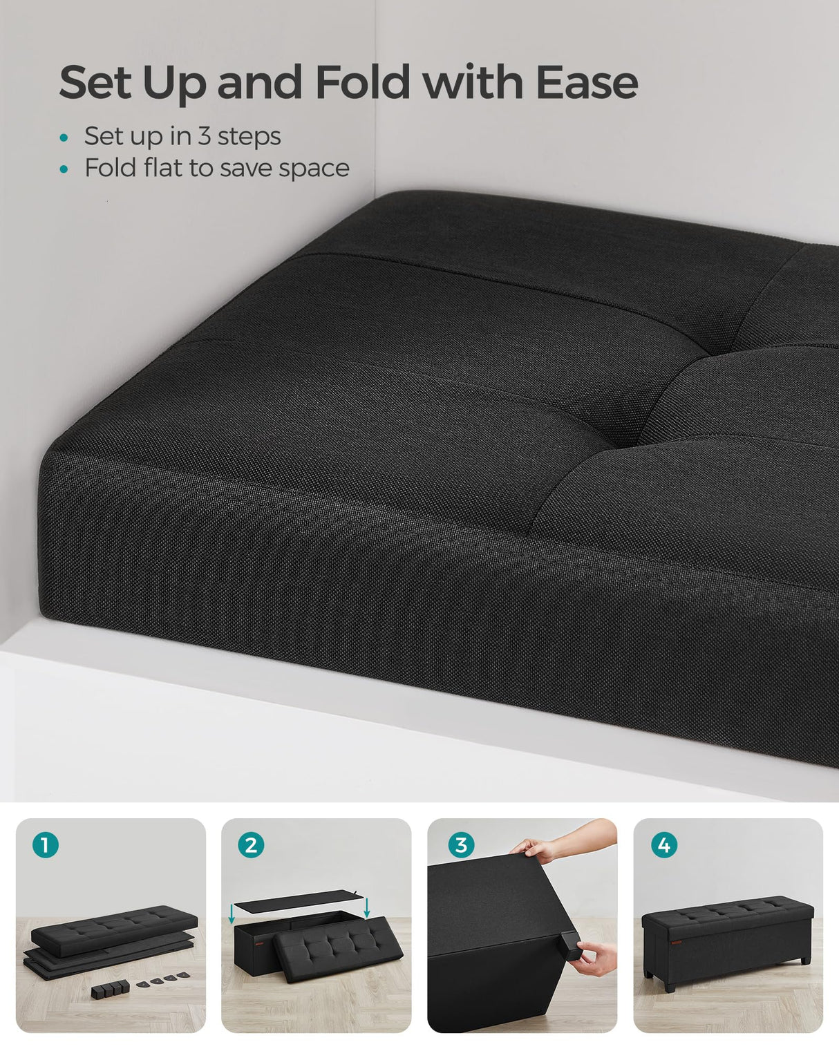 SONGMICS Storage Ottoman Bench, Foldable Foot Rest with Legs, 15 x 43 x 15.7 Inches, End of Bed Bench, Storage Chest, Load up to 660 lb, for Living Room, Bedroom, Entryway, Ink Black ULSF018B01 SONGMICS