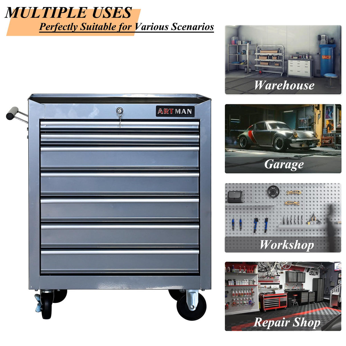 lunhung 7-Drawer Metal Rolling Tool Chest with Wheels,Tool Storage Cabinet with Locking System,Multifunctional Tool Cart with Wheels for Garage, Warehouse, Workshop, Repair Shop (Silver) lunhung