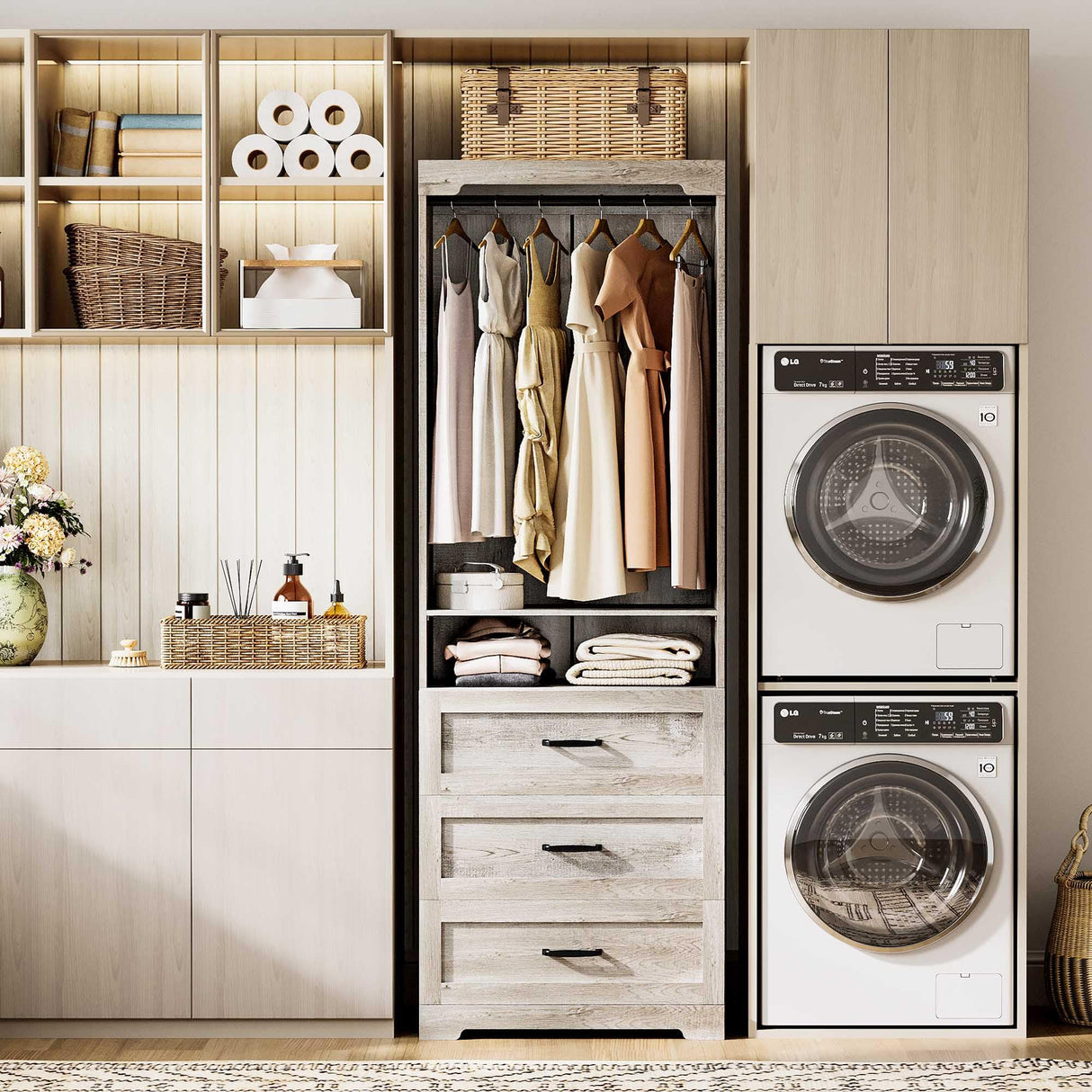 IRONCK Freestanding Closet System with 3 Wood Drawers, Modern Armoire Wardrobe with Adjustable Shelves & Hanging Rod, Walk-in Closet Systems Organizer, Rustic Maple IRONCK