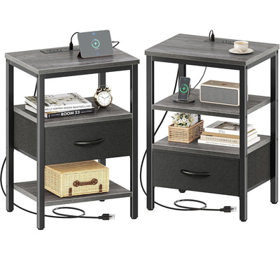 SUPERJARE Nightstand Set of 2, Bed Side Tables with Charging Station, Adjustable Fabric Drawer, Night Stand for Bedroom, 3-Tier Storage End Tables, for Living Room - Charcoal Gray
