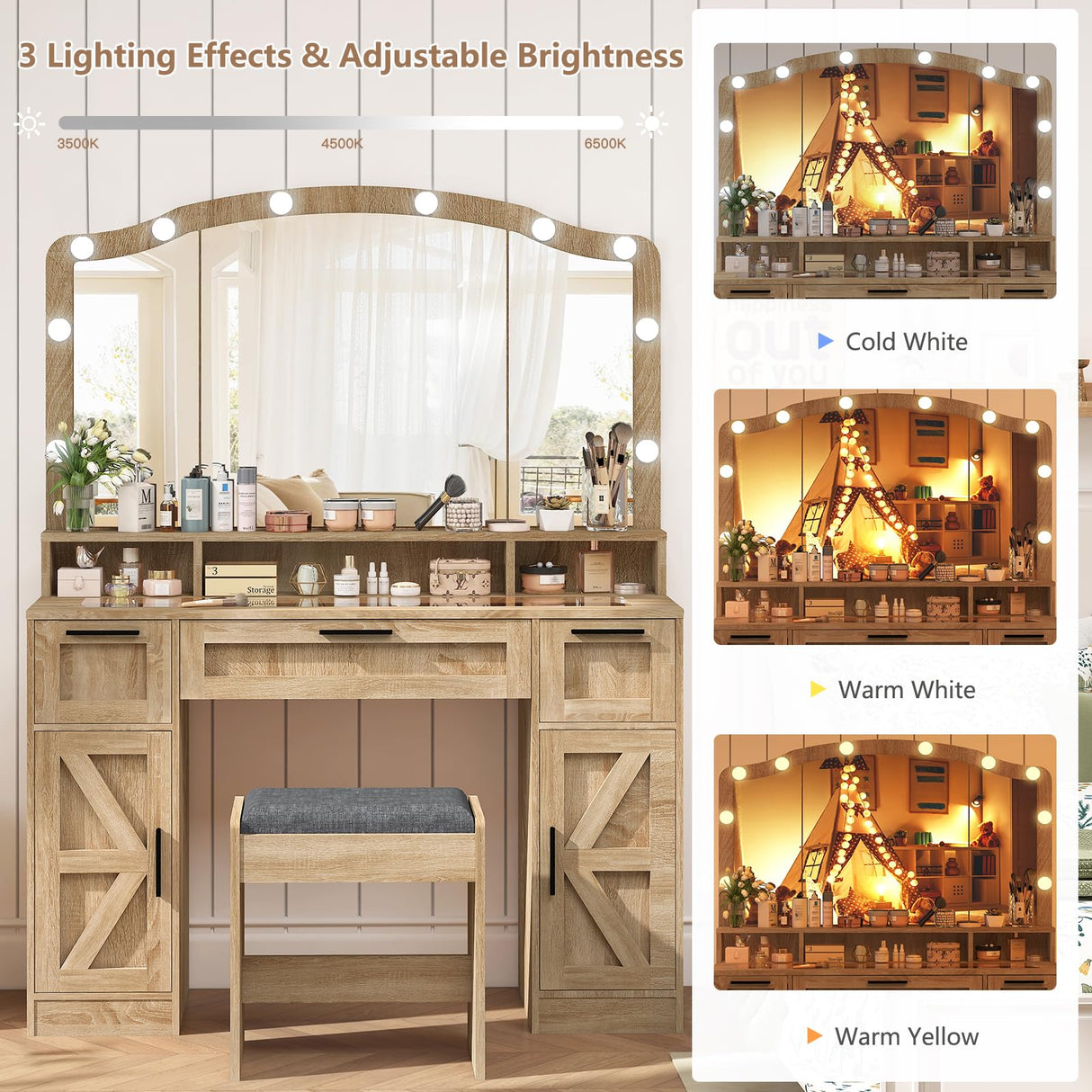 usikey Farmhouse Vanity Desk with Large Lighted Mirror and 10 Lights, 43.3" Glass Tabletop Makeup Vanity with 3 Drawers, Large Vanity Tabel Set with Long Storage Shelf, 2 Cabinets and Stool, Maple usikey