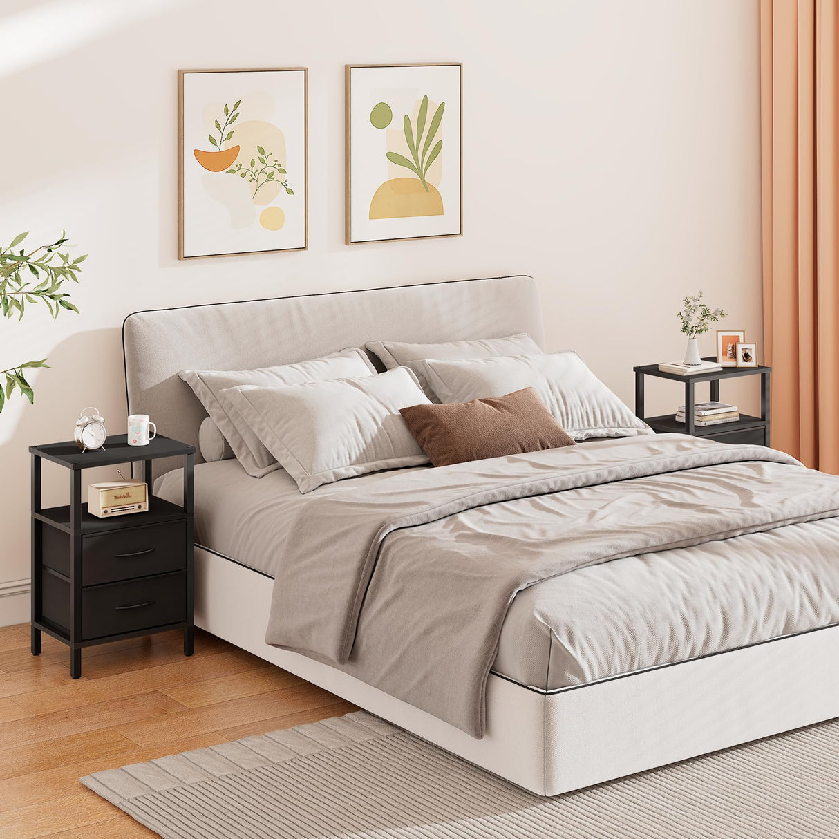 TUTOTAK End Table, Couch Side Table, Nightstand with Cloth Drawer, Set of 2, Bedside Table, Black TB01BK066 TUTOTAK