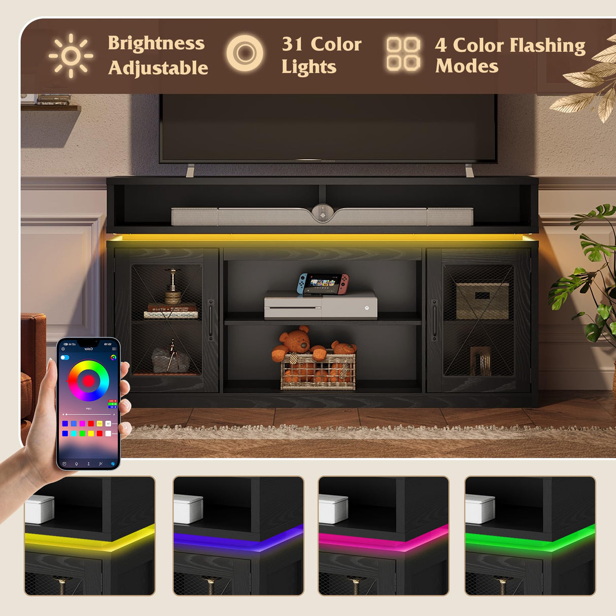 WLIVE TV Stand up to 65 Inch TV, 59" Entertainment Center with LED Lights, Farmhouse TV Media Console with Storage Cabinets, Adjustable Shelves for Living Room and Bedroom, Black WLIVE