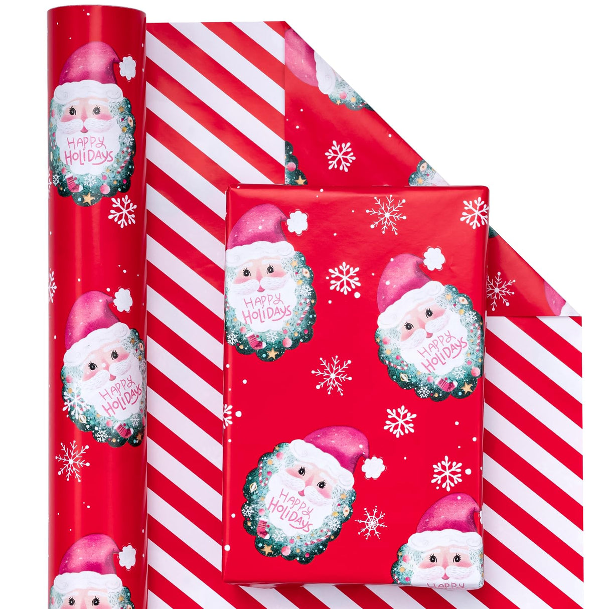 WRAPAHOLIC Reversible Christmas Wrapping Paper - Mini Roll - 17 Inch x 33 Feet - Red Santa Claus and Stripes Design for Christmas, Holiday, Party Celebration WRAPAHOLIC