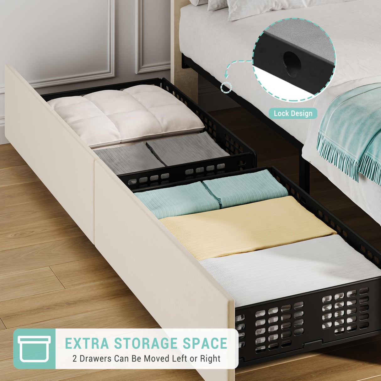 GarveeHome Twin Size Bed Frame with Adjustable Headboard and 2 Storage Drawers, Velvet Upholstered Tufted Twin Platform Bed Frames with Wooden Slats Support, Bedframe No Box Spring Needed, Beige/Cream GarveeHome