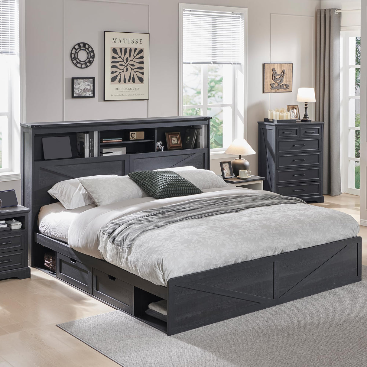 ACCOHOHO King Size Wood Bed Frame Farmhouse with 52" Tall Storage Bookcase Headboard, LED Light,Charging Station,4 Drawers and Solid Wood Slats Support,Noiseless,No Box Spring Needed - Black ACCOHOHO