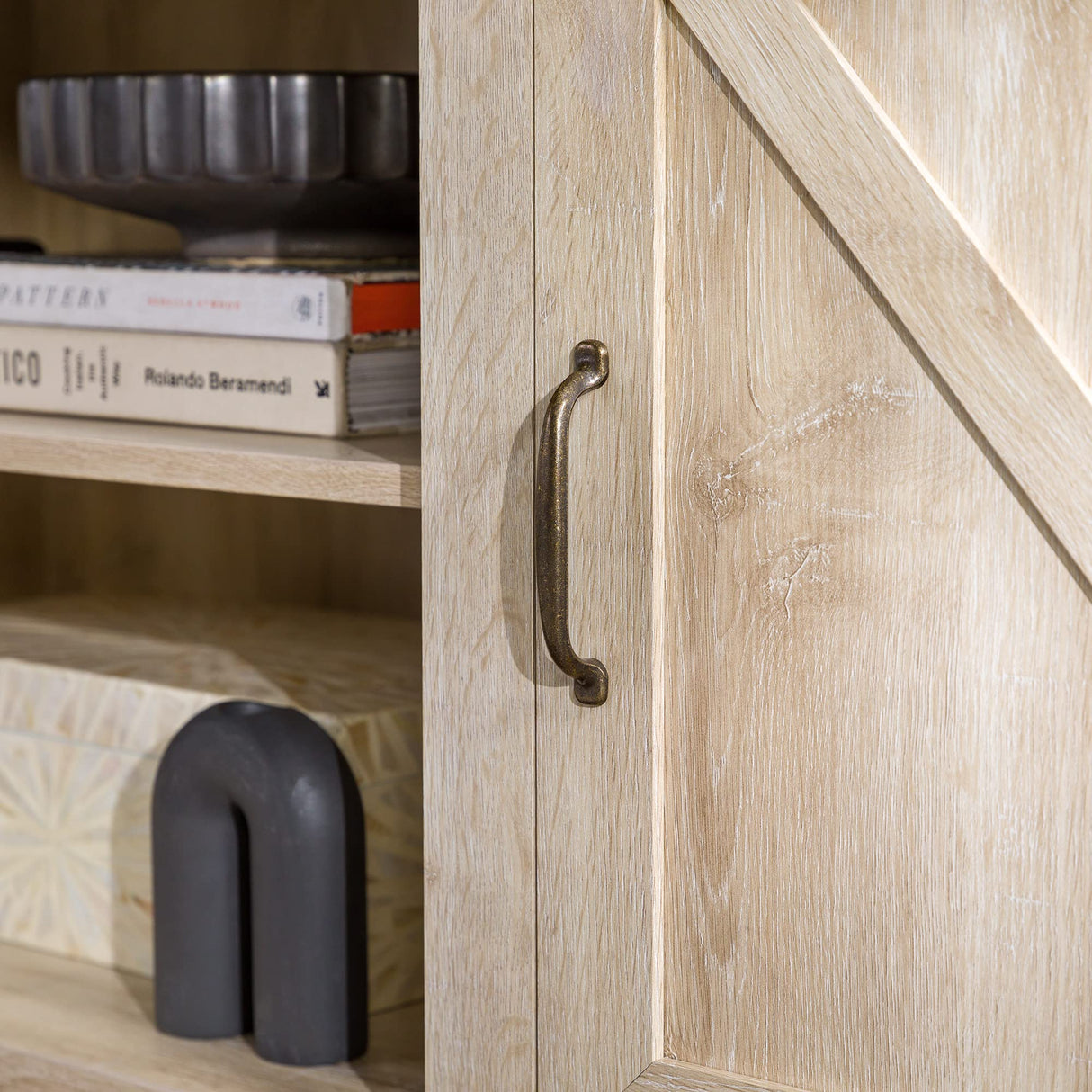 Walker Edison Georgetown Modern Farmhouse Double Barn Door TV Stand for TVs up to 80 Inches, 70 Inch, White Oak, Without Fireplace Walker Edison