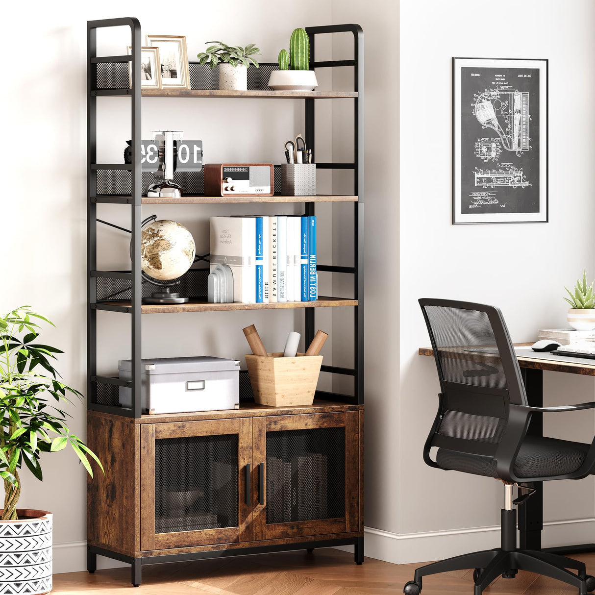 GarveeHome Bookshelf with Doors Industrial Bookcase with 4 Tiers Open Storage Shelf 70.87 in Tall Bookshelves Rustic Display Rack Cabinet for Bedroom, Living Room, Home Office, Brown GarveeHome