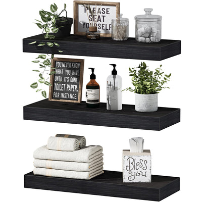 QEEIG Floating Shelves for Wall Bathroom Shelf Bedroom Kitchen Living Room Hanging Book Shelves Small Farmhouse Decor 16 inch Set of 3, Black (015-B3)