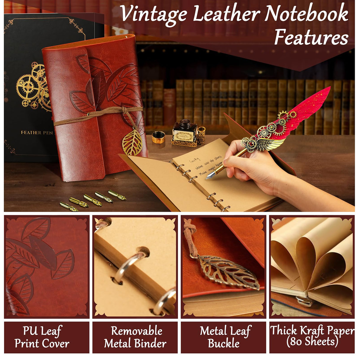 Feather Quill Pen and Ink Set,Antique Calligraphy Set with Leather Journal Notebook,Feather Pen,5 Gold Nibs,Pen Holder,Ink,Calligraphy Kits for Beginners Christmas Gift GrnVibe