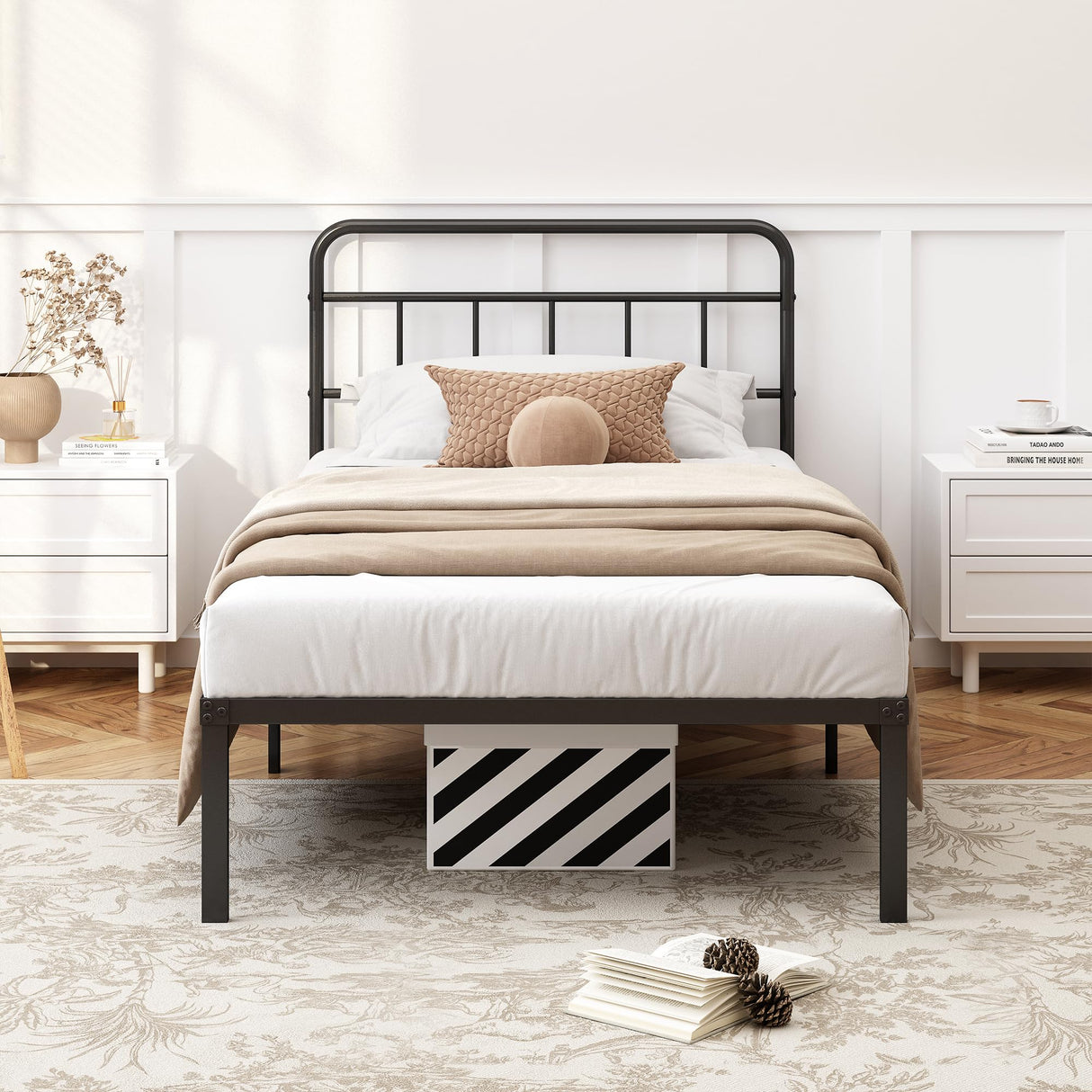 Kujielan 12 inches Twin Size Bed Frame with Minimalist headboard,Metal Platform Base with Strong Metal Slats,Mattress Foundation for Under Bed Storage,Easy Assembly,Black Kujielan
