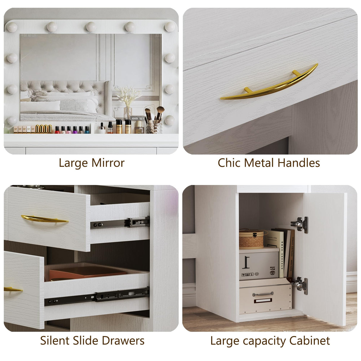 ALEXNUTRE Makeup Vanity Desk with Lights, Large Vanity Desk with Mirror and Lights in 3 Models, Vanity with Power Outlet, Vanity Desk with 5 Drawers, 2 Cabinets, Shelves, White Vanity for Bedroom ALEXNUTRE