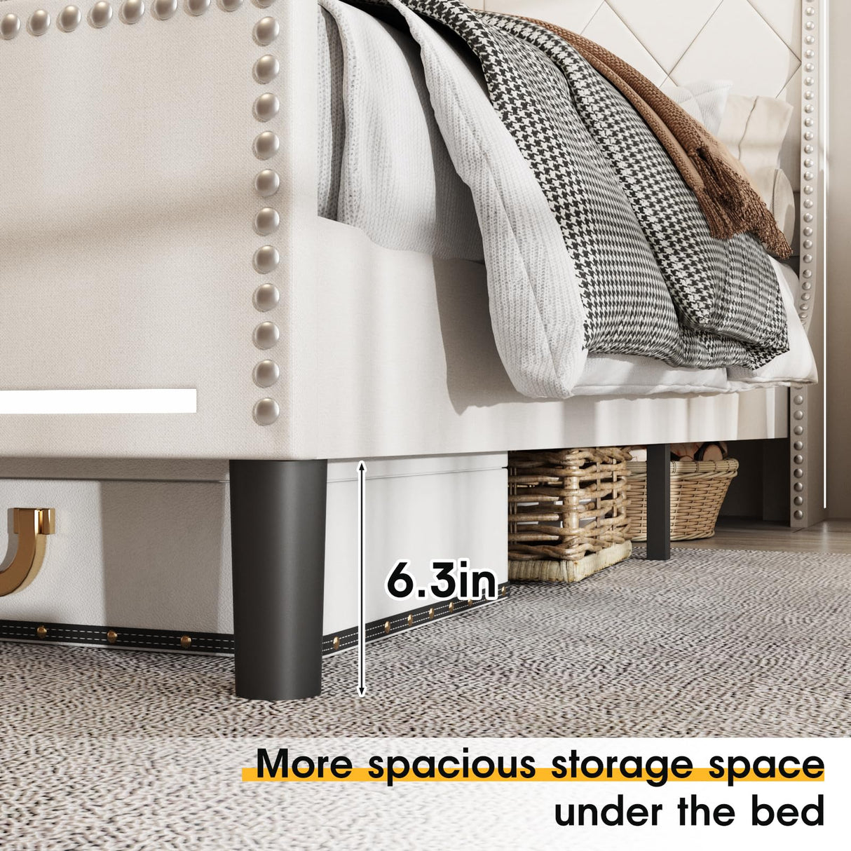 Vabches Off White Full Size Bed Frame with LED Lights and Charging Station Vabches