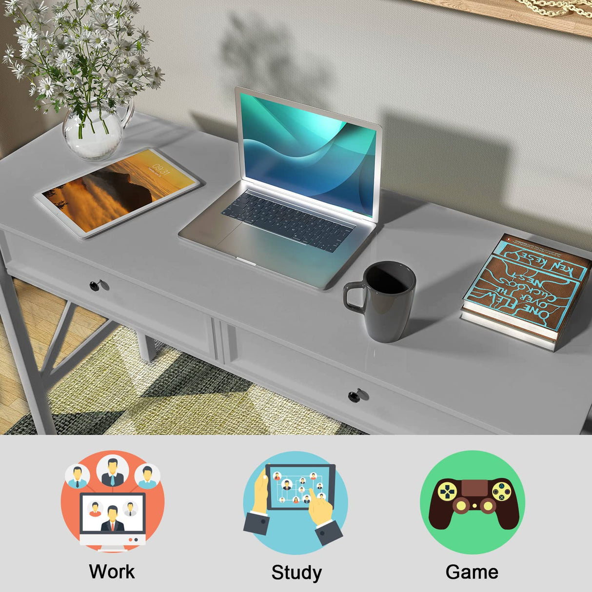 Lewahom Computer Desk with 2 Drawers, Elegant Home Office Writing Study Desk with Storage, Modern Simple Vanity Desk Console Table for Living Room, Grey Lewahom