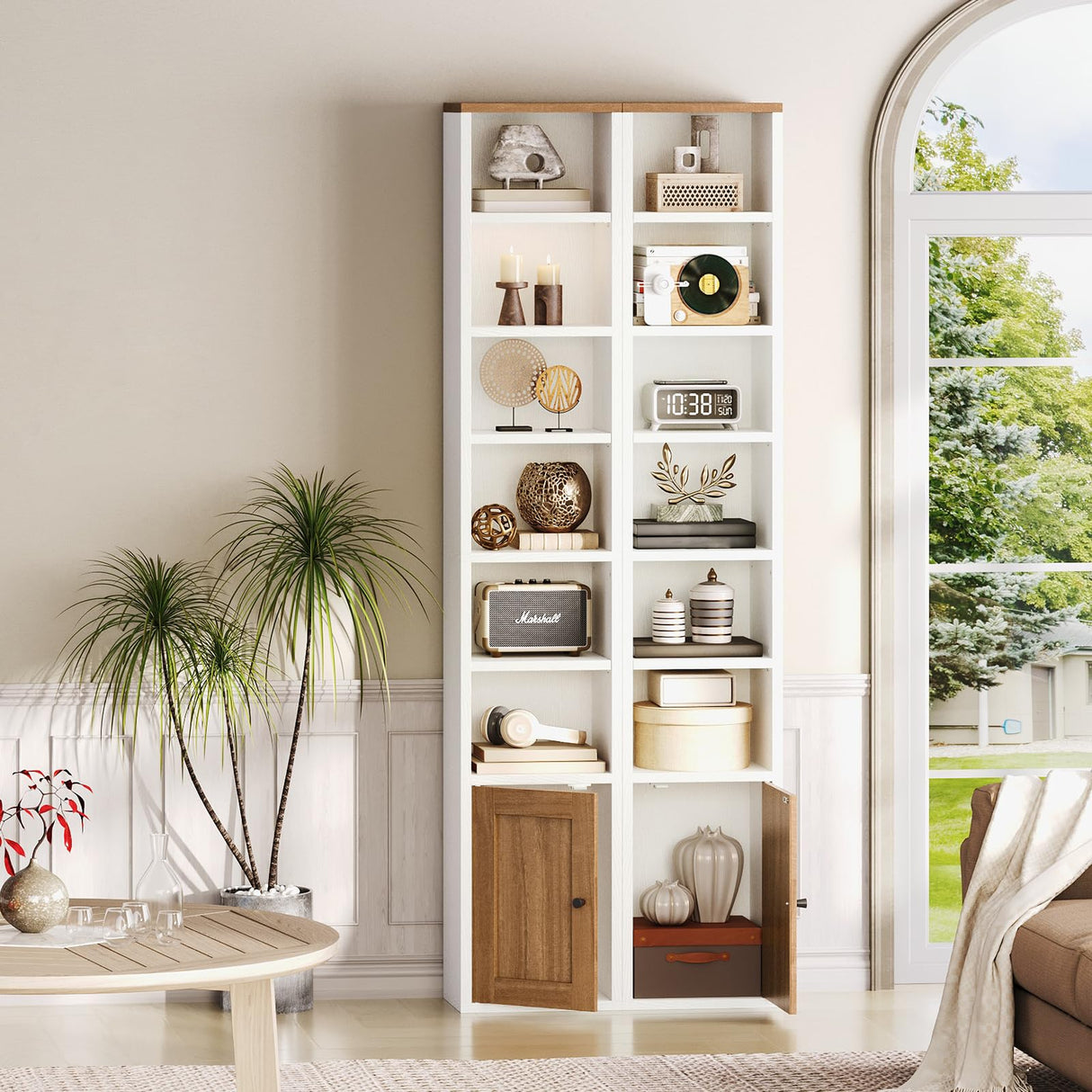 RALGEND 7-Tier Tall Narrow Bookshelf with Door Set of 2, 71 Inches CD DVD Slim Media Tower Rack with Storage Cabinet, Adjustable Shelves, Skinny Display Bookcase for Home Office, White and Walnut RALGEND