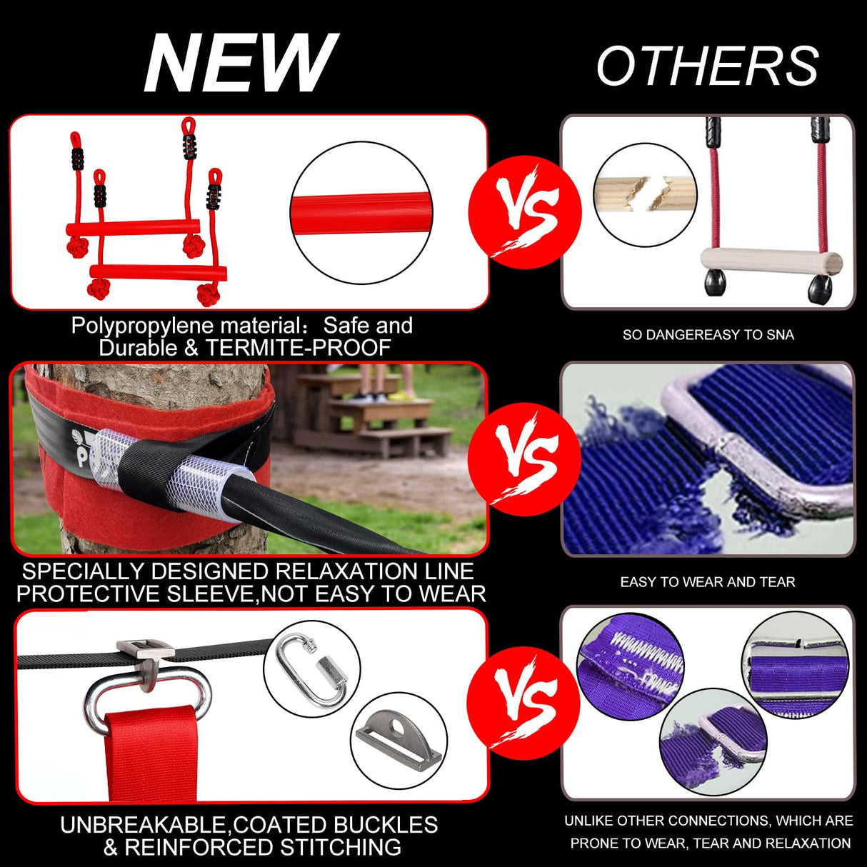 Ninja Warrior Obstacle Course for Kids Backyard with A Pair of Knee Pads, 60’ Ninja Slackline and Slackline Protective Tube with Unique Obstacles Climbing Net, Ninja Wheel, Monkey Bars, Gym Rings F7F9