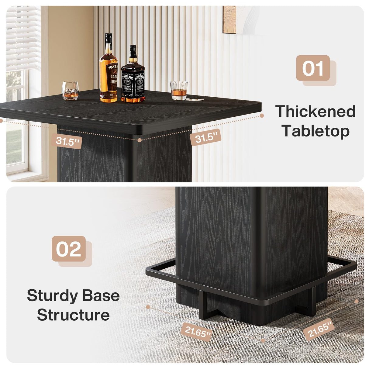 Tribesigns Bar Table, 39.37" High Wooden Square Bistro Pub Table with Metal Frame Footrest for Dining Coffee Cocktail Living Room, Small Space, Black Tribesigns