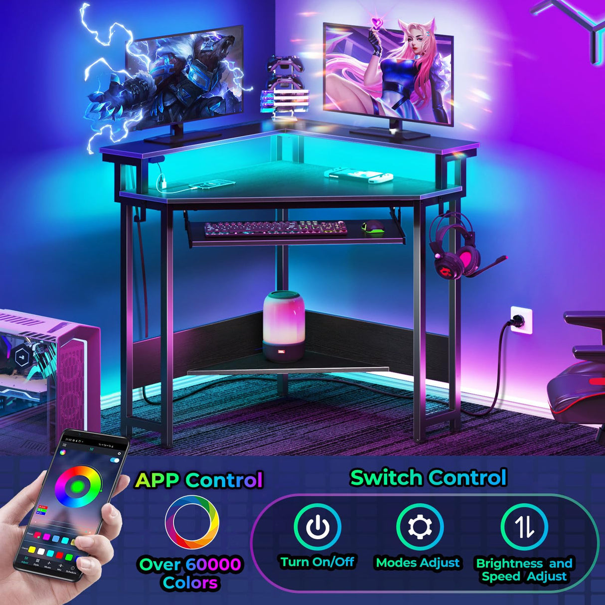 Rolanstar Corner Desk, 44.5" W x 34.5" H Small Computer Desk with Power Outlets, Gaming Desk with LED Lights, Triangle Corner Desk with Keyboard Tray & Monitor Stand for Small Space, Black Rolanstar