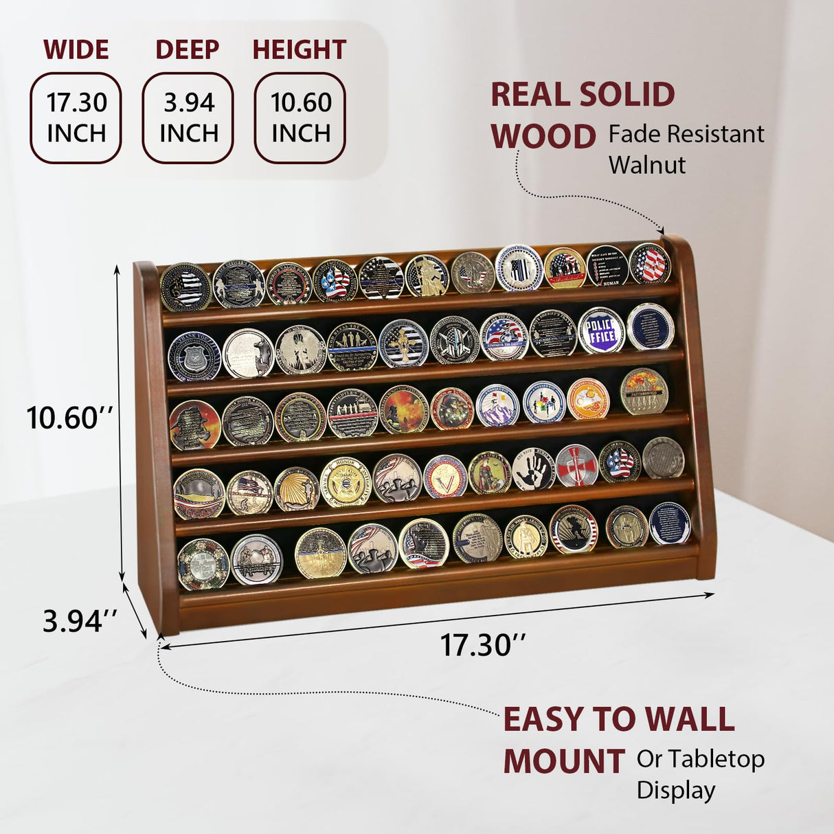 ASmileIndeep 5 Rows Challenge Coin Holder Display Stand Holds 50 Coins for Wall Mount or Tabletop, Solid Wood Military Coin Rack Display Case for ASmileIndeep