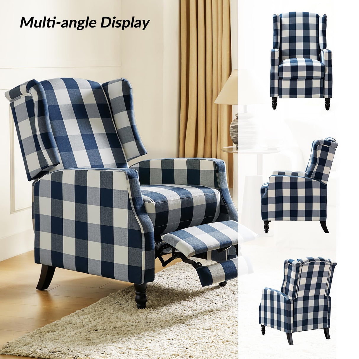 Upholstered Wingback Recliner Chair, Traditional Push Back Recliner Sofa, Mid Century Modern Lounge Armchair for Living Room, Home Theater Accent Chairs Recliners Couches (Navy) TINA'S HOME