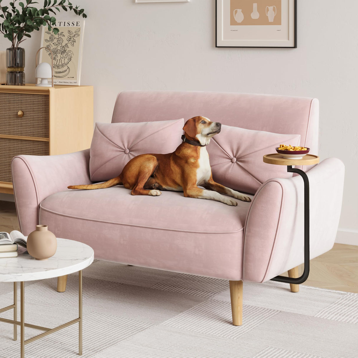 Brelice Loveseat Sofa, 47" Velvet Couch for Bedroom, Convertible Wooden Tray & Ergonomic Armrest, for Small Space, Apartment, Living Room, Home Office, Easy Assembly, Pink Brelice