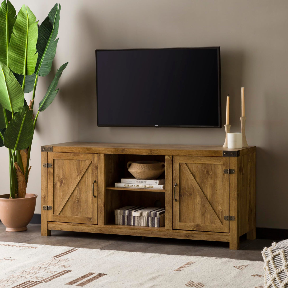 Walker Edison Georgetown Modern Farmhouse Double Barn Door TV Stand for TVs up to 65 Inches, 58 Inch, Barnwood Walker Edison