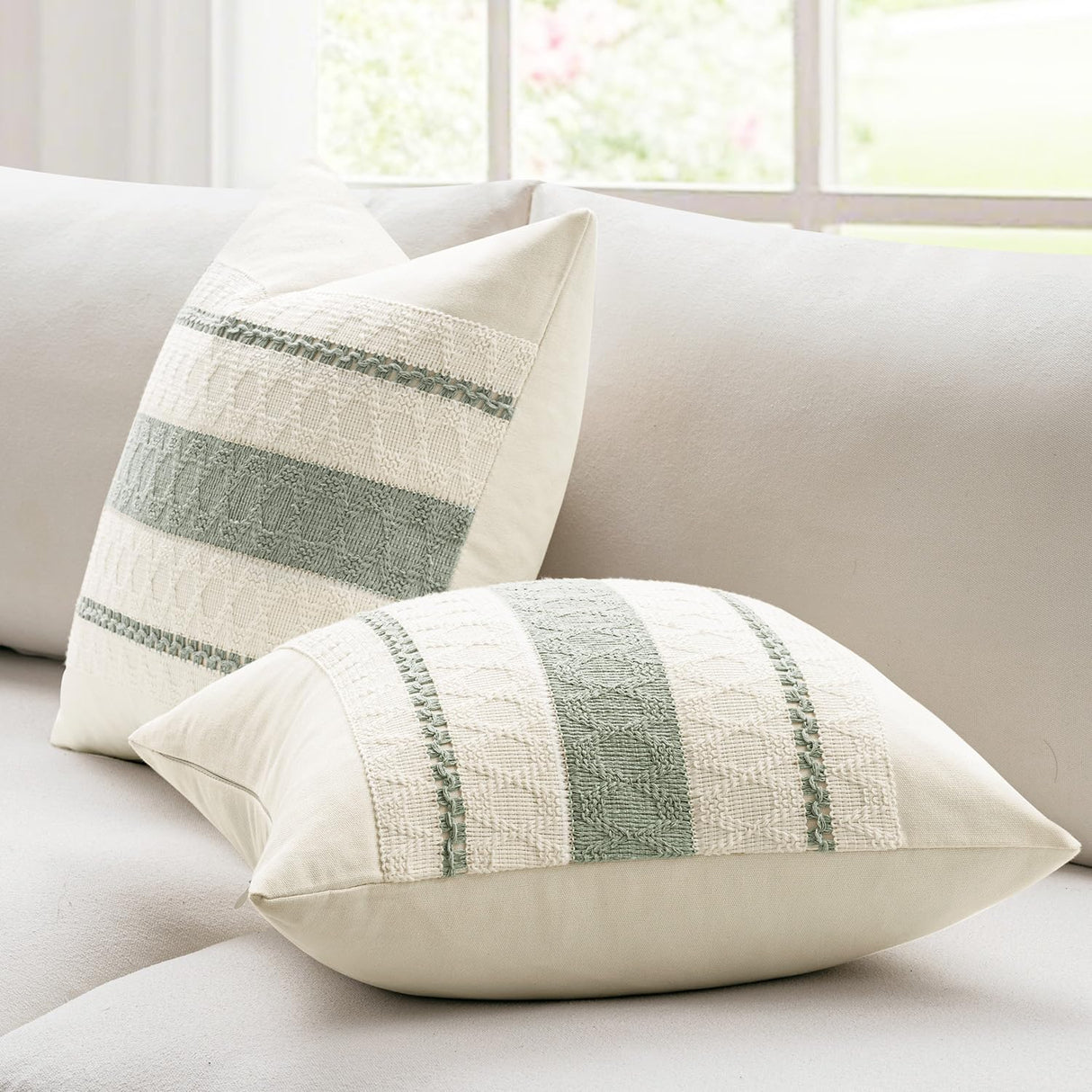 Woaboy Set of 2 Decorative Pillow Covers Boho Farmhouse Couch Throw Pillows Modern Cotton Cushion Covers Macrame Woven Spring Home Decor for Bed Sofa Chair 18x18 Inch Sage Green Woaboy