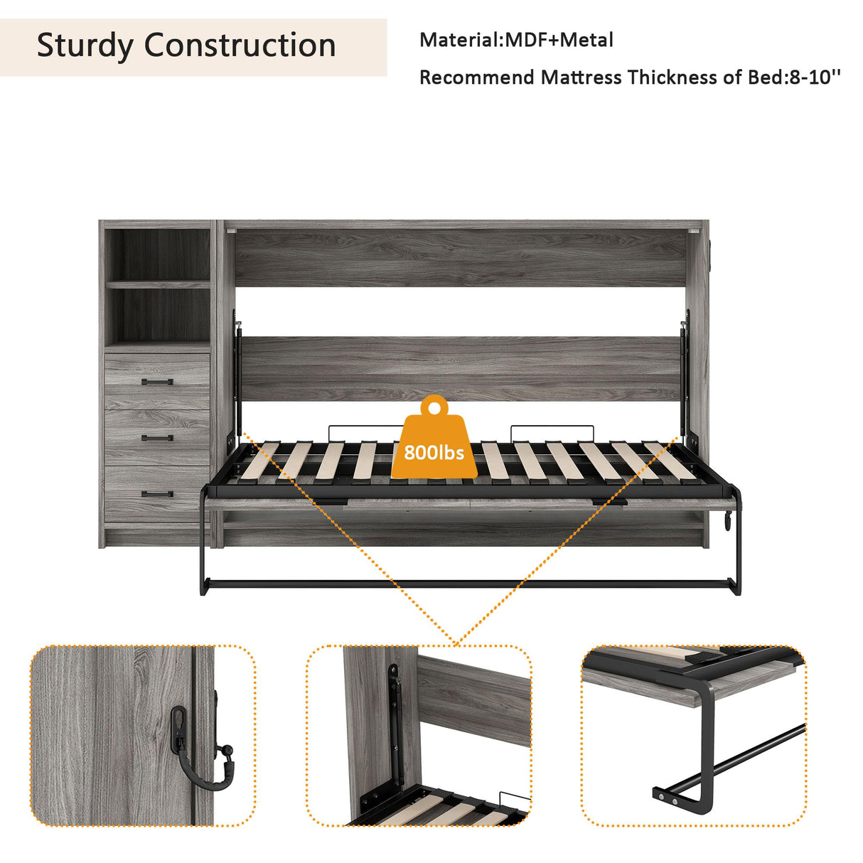 Twin Horizontal Murphy Bed with Storage & LED Lighting,Wood Space-Saving Hideaway Folding Farmhouse Murphy Wall Bed Cabinet for Adults (Grey,Twin w/Storage) MERITLINE