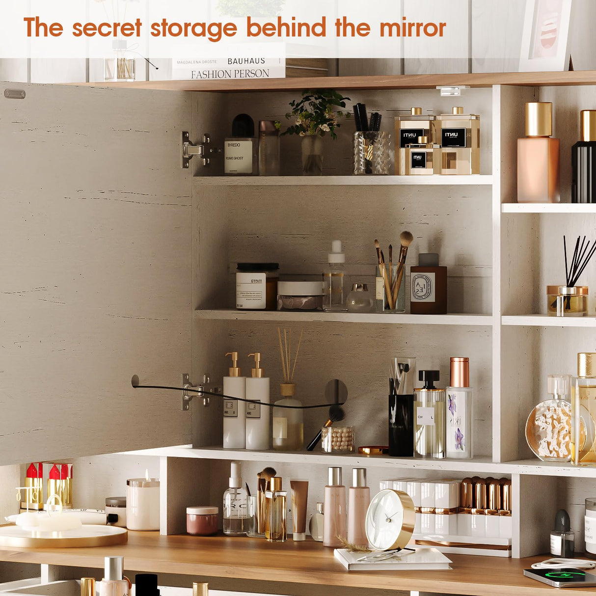 Halitaa Farmhouse Vanity Desk with Mirror and Lights,White Makeup Vanity with 5 Drawers & Hidden Storage,Rustic Large Dressing Table with Charing Station & Shelves for Bedroom Halitaa