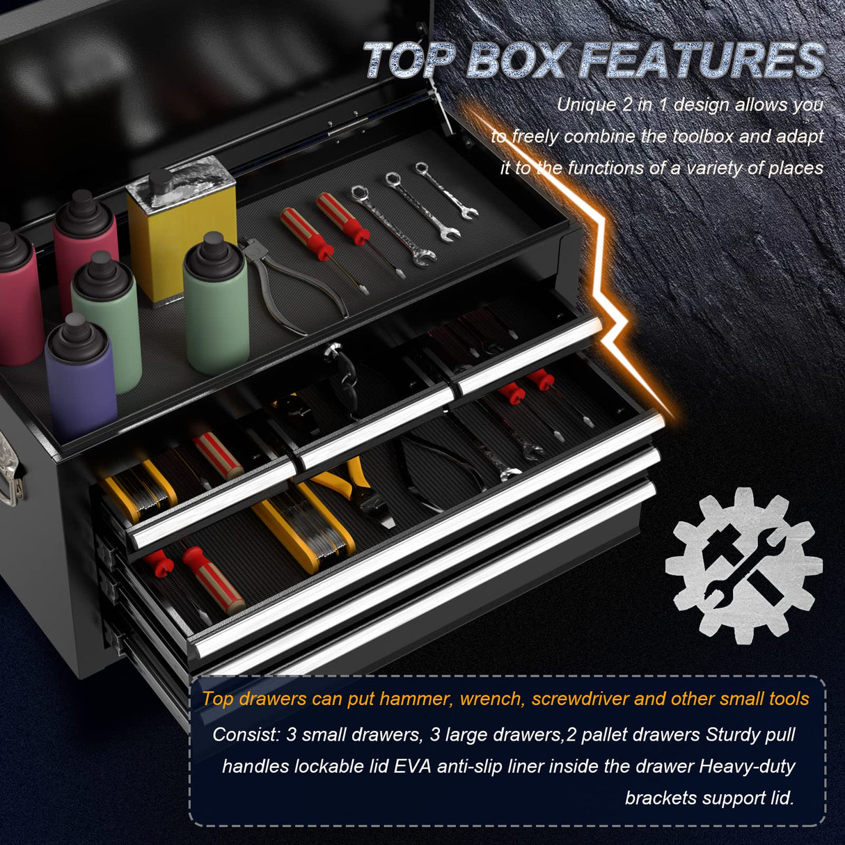 Granper High Capacity 8-Drawer Tool Chest, Tool Box with Wheels, Movable Rolling Tool Chest, Tool Chest with Wheels, Heavy Duty Tool Cabinet for Workshop, Garage and Repair Room(Cool Black) Granper