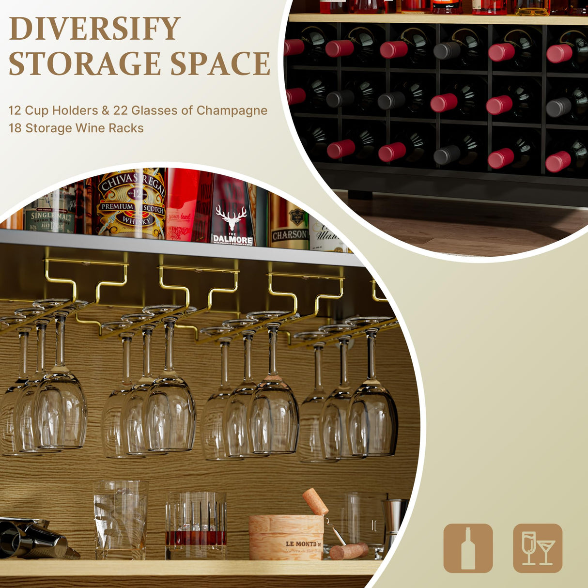 BREEZEHEAT 70" Tall Bar Cabinet, Arched Cabinet with Glass Doors, Farmhouse Whiskey Station with Wine Rack and Glasses Holder, Liquor Bar Cabinet for Home Kitchen Living Dining Room, Black BREEZEHEAT