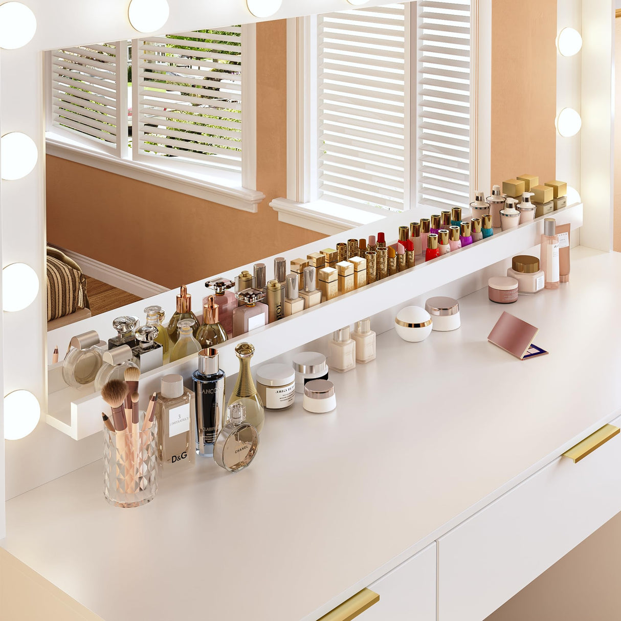 ALEXNUTRE Vanity Desk with Large Mirror and Lights, 45.3in Makeup Vanity with Power Outlet 9 Drawers & Storage, 3 Lighting Color Adjustable, White Vanity Desk for Bedroom ALEXNUTRE