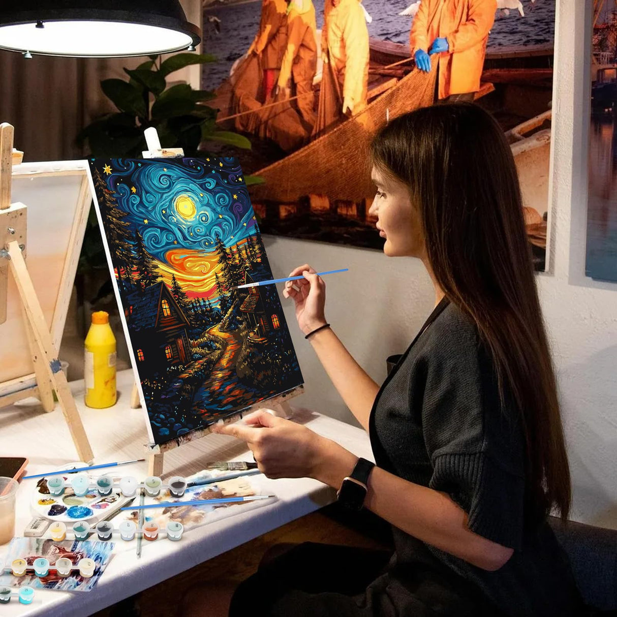 NEWENMO Starry Paint by Numbers Kit for Adults, Moon Night Paint by Numbers on Canvas Unframed, DIY Oil Painting Perfect for Beginner, Craft, Hobbies and Home Wall Decor 16x20 Inch NEWENMO