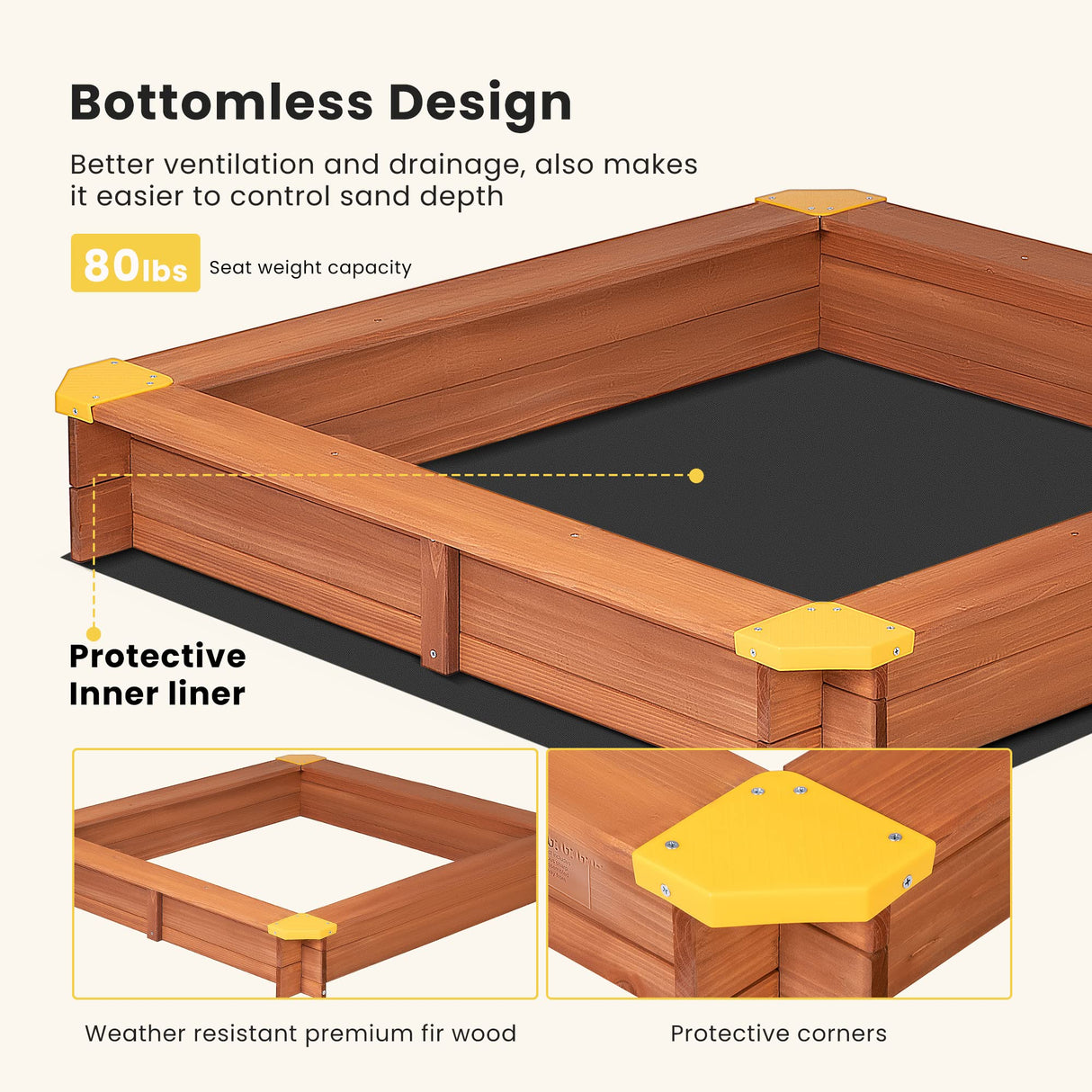 VIVOHOME 46.5 Inch x 46.5 Inch Covered Wooden Sandbox Height Angle Adjustable with Rotatable UV-Resistant Canopy Sand Protection Bottom Liner for Home Backyard Beach Outdoor VIVOHOME