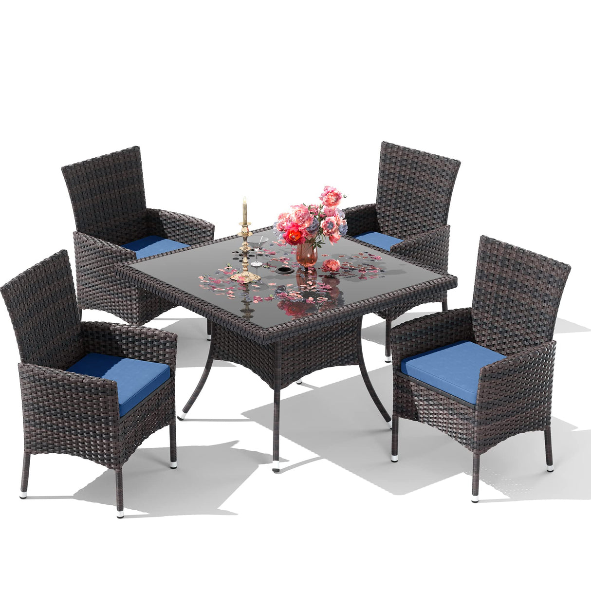 RTDTD 15 Pieces Patio Dining Set Outdoor Rattan Furniture Dinning Set with 3 Square Glass Tabletops 12 Chairs with Navy Blue Cushions for Patio, Backyard Outdoor Kitchen Lawn & Garden RTDTD