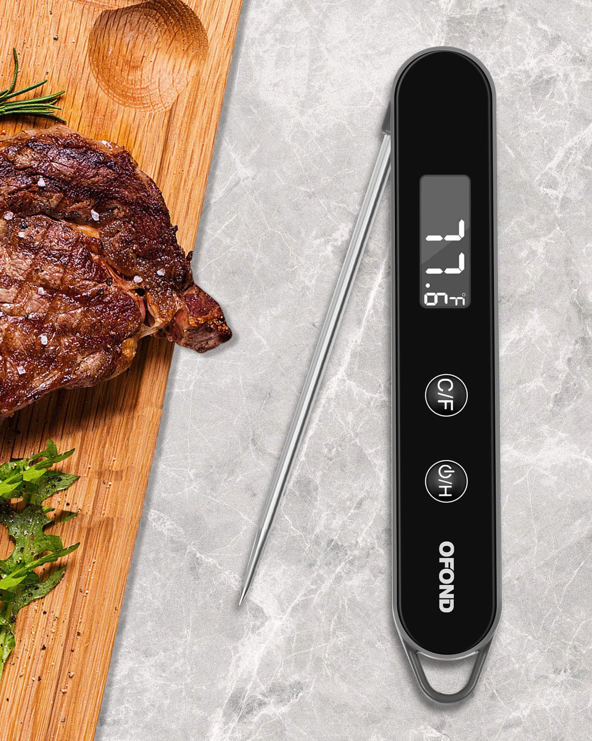 OFOND Meat Thermometer Digital for Cooking and Grilling,Instant Read Food Thermometer with Battery,Folding Accurate Probe Kitchen Thermometer for BBQ,Backlit LCD,Store by Magnet and Hook (Black) OFOND
