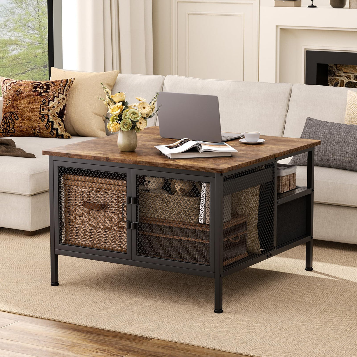 FABATO Lift Top Coffee Table, Square Coffee Table Metal Wood, Farmhouse Lift Up Coffee Table Cocktail Table with Wire Mesh Barn Door and Storage, Steel Frame, Small Tea Table for Living Room, Black FABATO