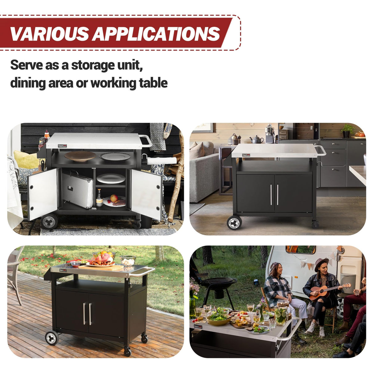 Grills House Outdoor Grill Cart with Wheels, Movable Kitchen Island with Storage Cabinet for BBQ, Stainless Steel Dining Cart Table for Food Prep, Black, PC3403S-SC Grills House