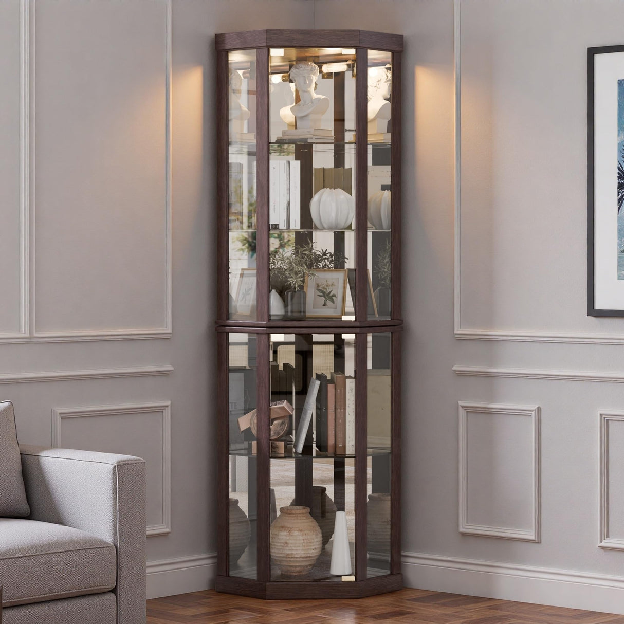 Trygoal Lighted 3-Side Glass Display Curio Cabinet, Corner China Cabinet with Tempered Glass Doors, Wooden Display Case with Light Bulb for Living Room, Dark Cherry Trygoal