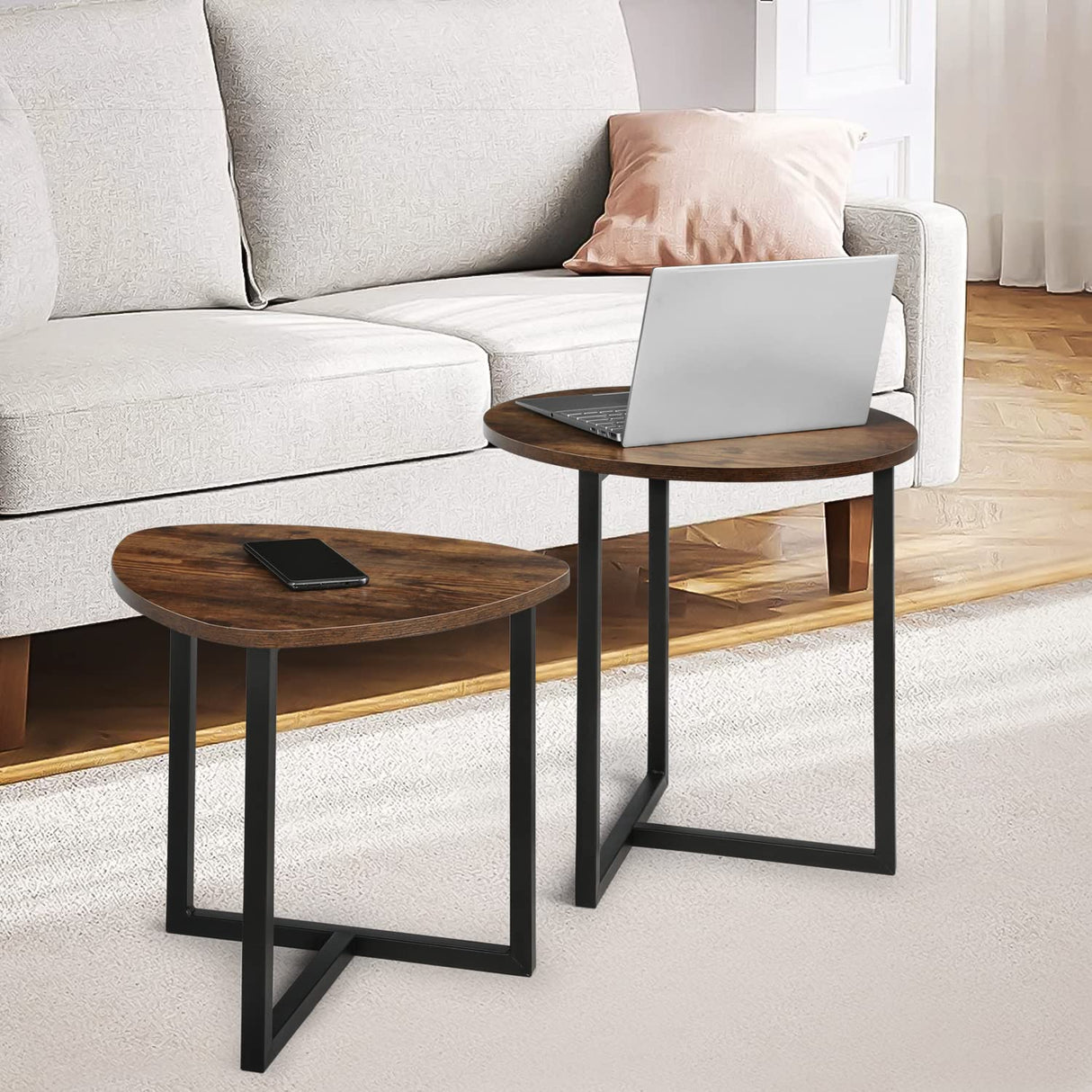 MoNiBloom Small Coffee Table Set of 2, Nesting Coffee Table with Steel Frame for Small Spaces Living Room Bedroom Office, Easy to Assemble, Walnut MoNiBloom