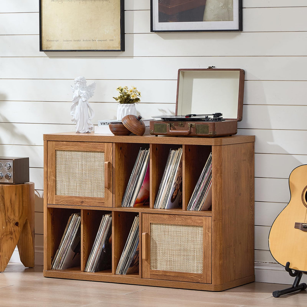 LEYAOYAO Large Record Player Stand with Vinyl Storage Up to 450 Albums, Wood Rattan Boho Record Storage Accent Cabinet, Modern Stereo Media Cabinets, Wide Turntable Stand for Living Room, Tea Brown LEYAOYAO