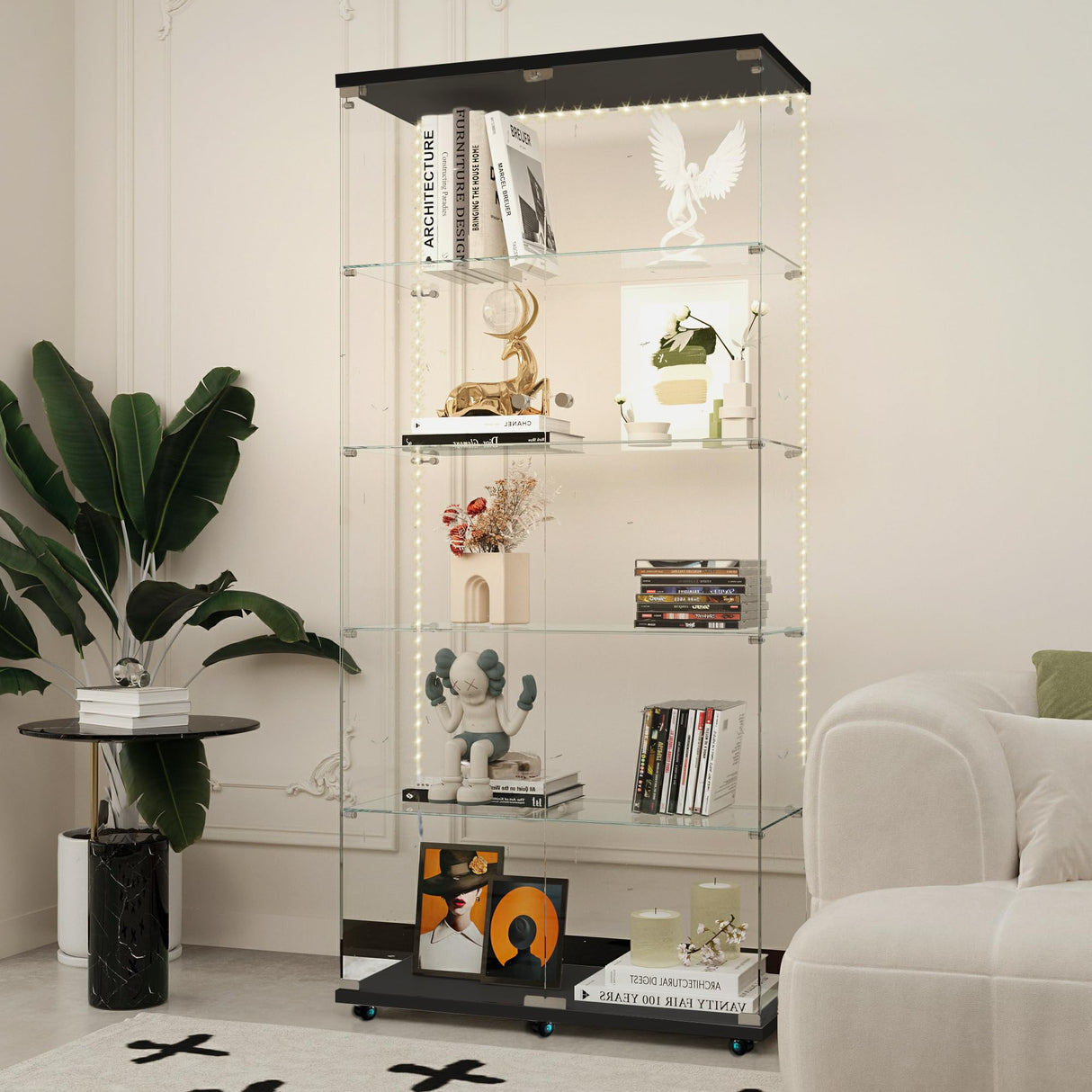 lunhung 5-Shelf Glass Display Cabinet with LED Lights & Lock, 76" H Tempered Glass Wine Cabinet w/ 2 Doors& Wheels, Floor Standing Bookshelf Curio Case for Living Room,Hallway (Black) lunhung