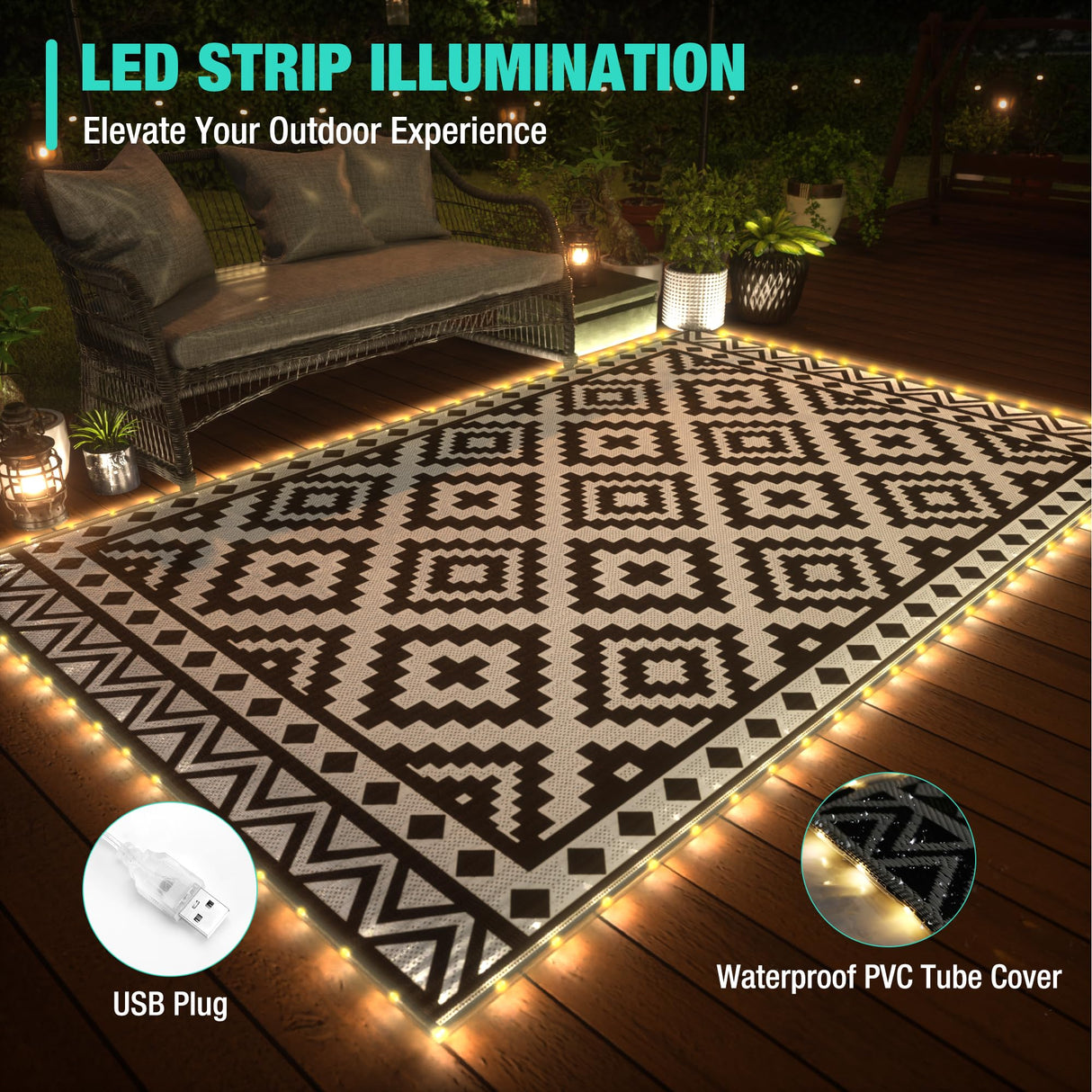 HAUSHOF 5'X8' Outdoor Rug Waterproof with LED Strip Light, Reversible Outdoor Plastic Straw Rug, Patio Rug with 4 Rug Stakes, Outdoor Carpet Mat for RV, Camping, Beach, Porch, Balcony, Black&White HAUSHOF