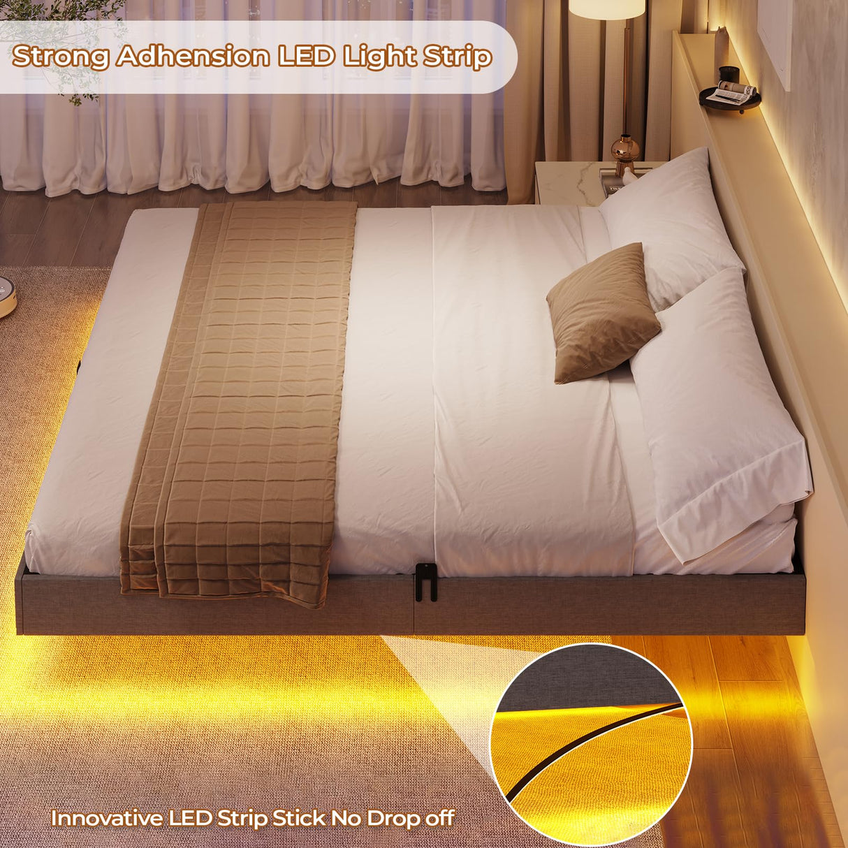 BTHFST King Size Floating Bed Frame with LED Lights – Modern Metal Platform Design BTHFST