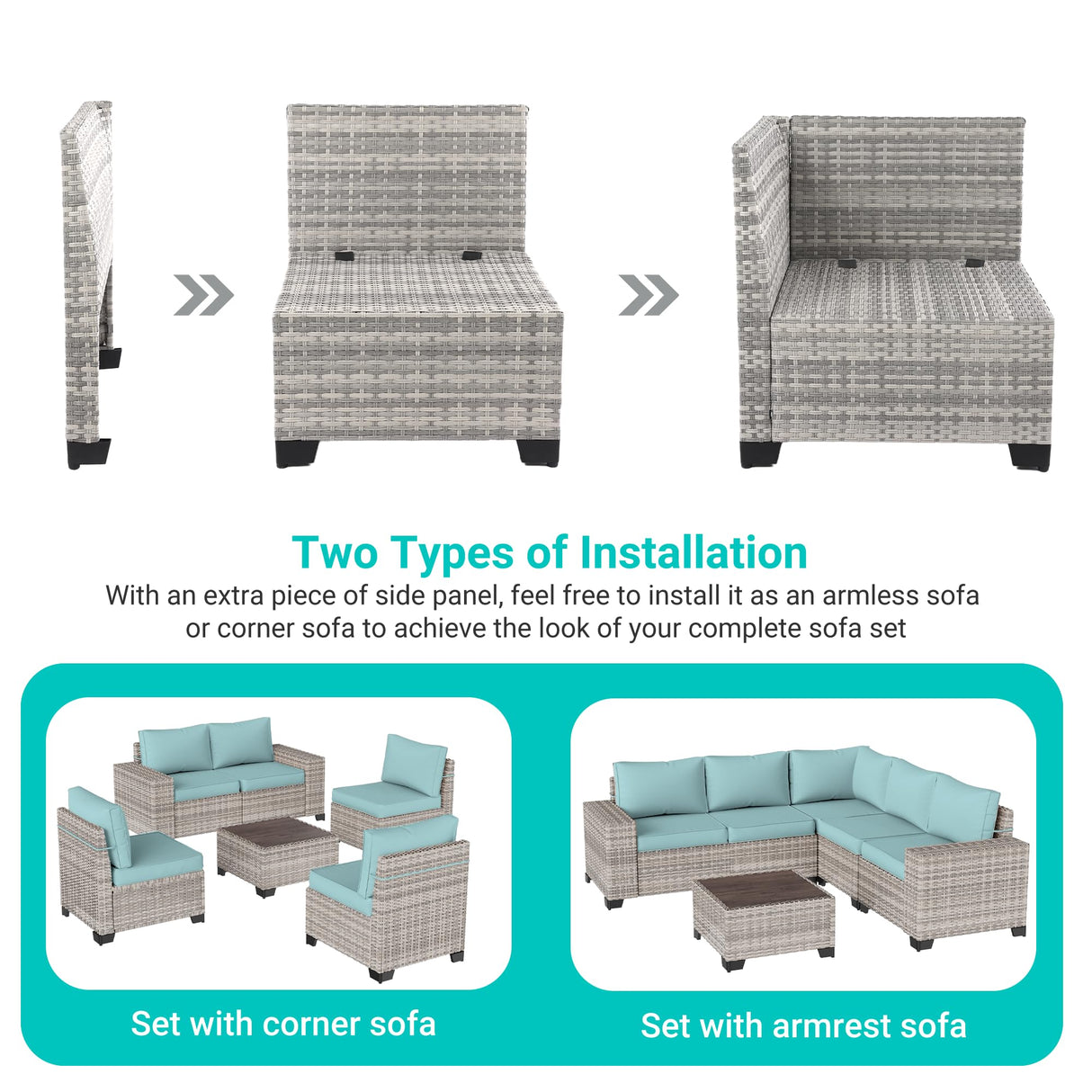 Muphyers 16-Piece Outdoor Patio Furniture Set with Rocking Swivel Chair, PE Wicker Rattan Sectional Sofa Patio Conversation Set with 55,000 BTU Fire Pit Table & Coffee Table, Light Blue Muphyers
