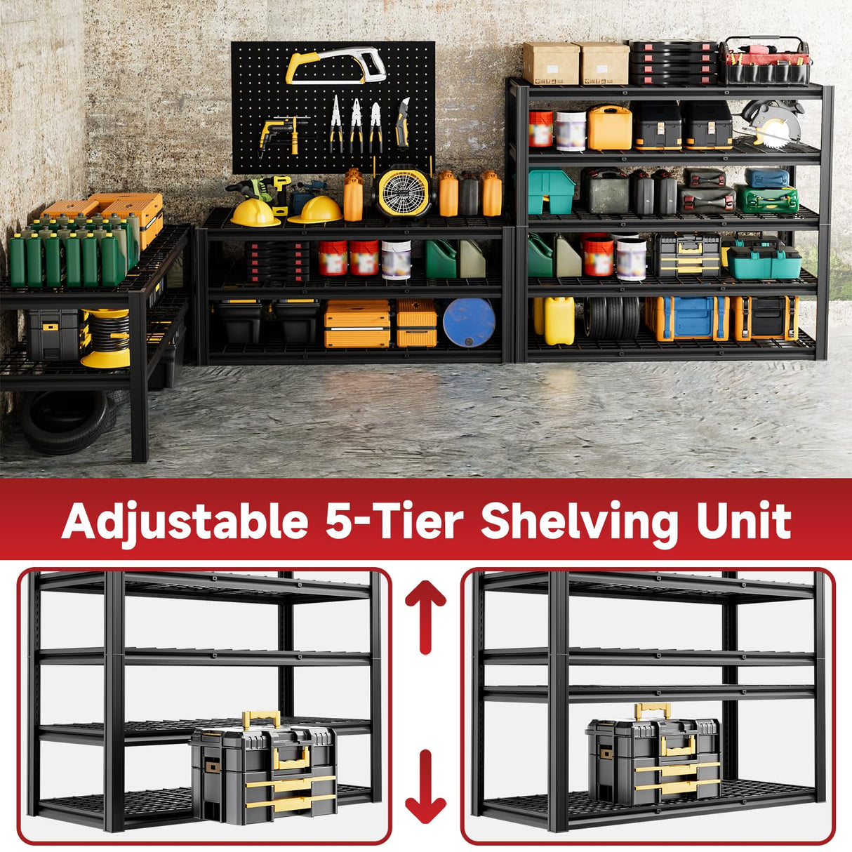 cynnda 5-Tier 60”W x 24”D x 78”H Garage Shelving Adjustable Metal Storage Shelves 3000LBS Garage Shelving Heavy Duty Utility Shelf Unit Storage Racks for Warehouse(Black) cynnda
