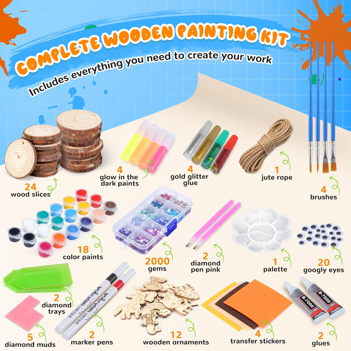Wooden Painting Kit Crafts Kit for Kids Ages 6-12, 24 Wood Slices Glow in The Dark Arts and Crafts with Painting Craft Activities Kits, Creative Art Toys for 5, 6, 7, 8, 9, 10, 11, 12 Year Old Kids Ideashop